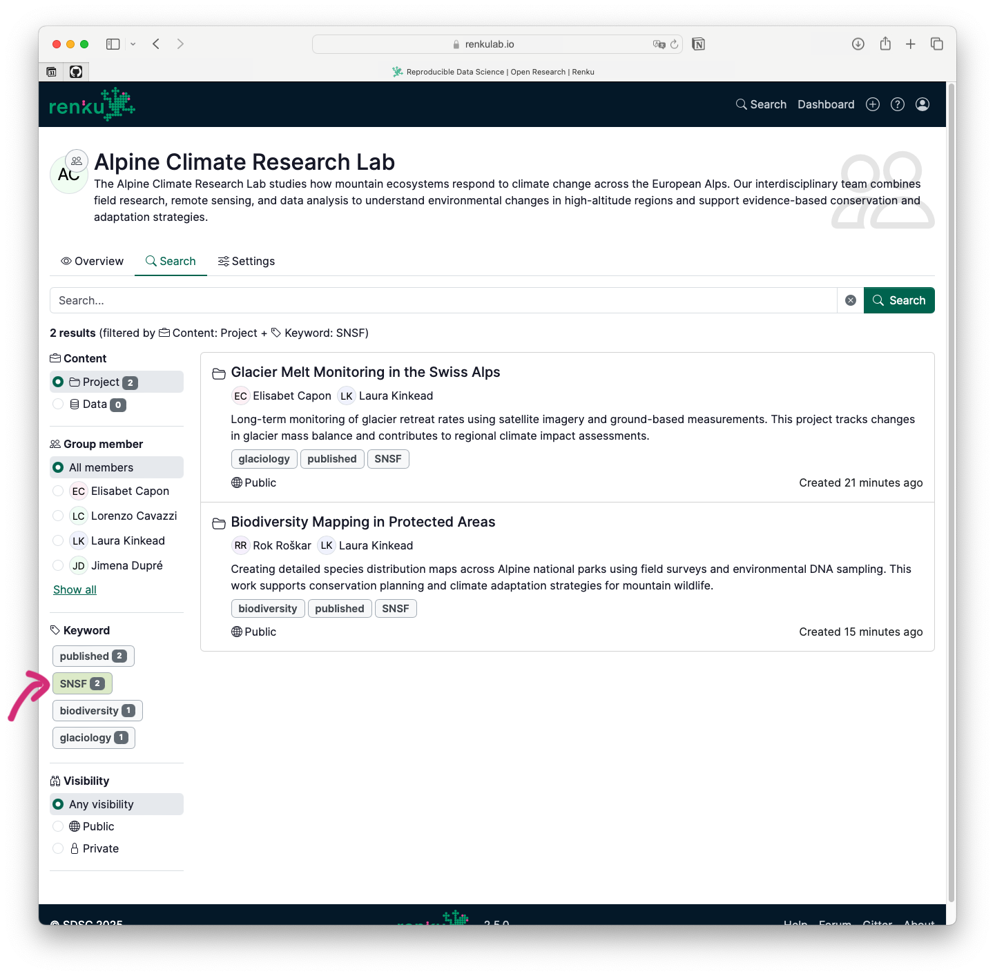 filtered group page